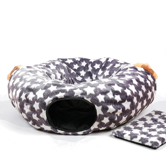 Studio packshot of a foldable plush cat tunnel with a star print - foldable plush cat play tunnel with star print and mat - cat tunnel wholesale supplier
