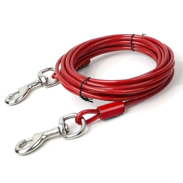 Studio packshot of a red PVC coated dog tie out cable with snap hooks - PVC coated dog tie out cable with double snap hooks - dog tie out cable wholesale supplier