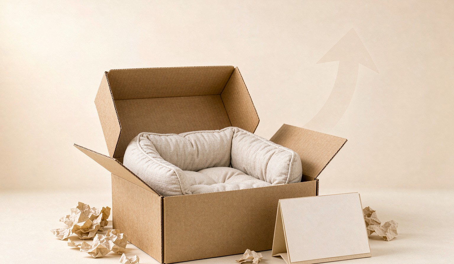 Pet product being unboxed from a cardboard shipping box with a calendar card and upward arrow