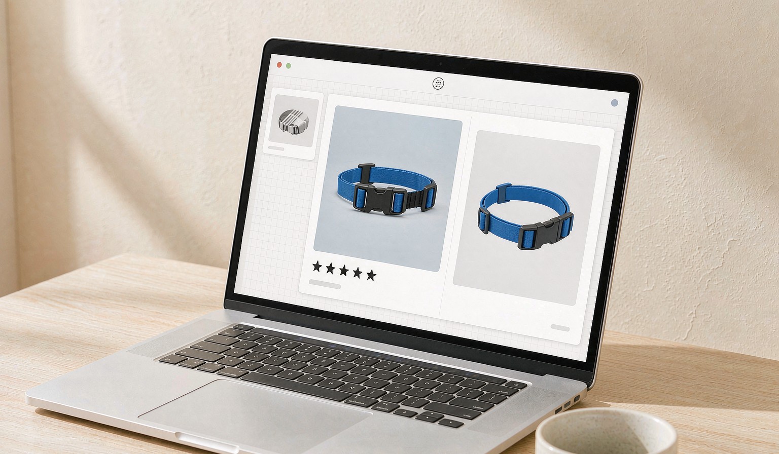 Laptop on a desk showing an online pet product page with a dog collar and five rating stars