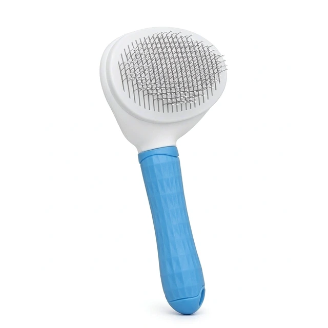 Studio packshot of a fine pin cat slicker brush with anti-slip handle - cat slicker brush with fine angled metal pins and anti-slip handle - best cat brush wholesale supplier