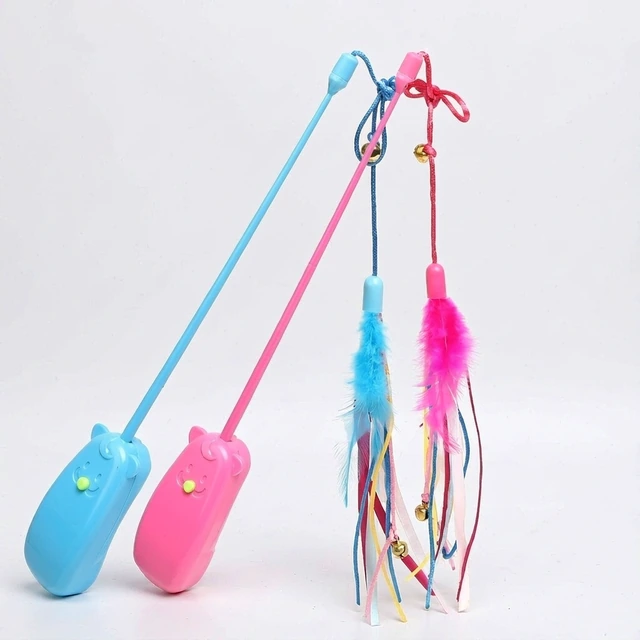 Studio packshot of a two pack cat feather teaser wand with ribbon tassels - cat teaser wand with marabou feather tip and satin ribbon tassels - cat laser toy wholesale supplier