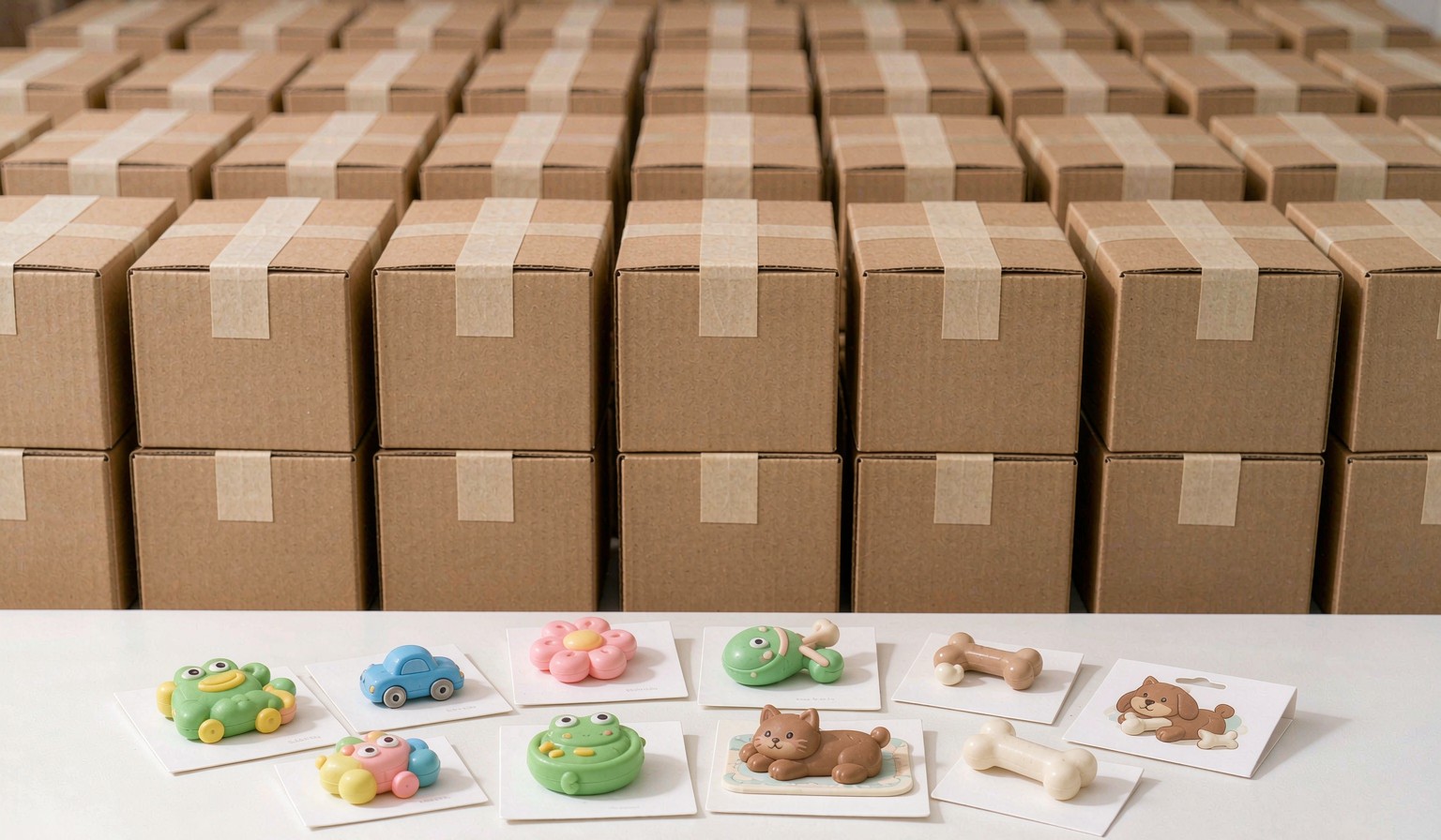 Bright factory floor with stacked cartons of pet toys and sample product cards