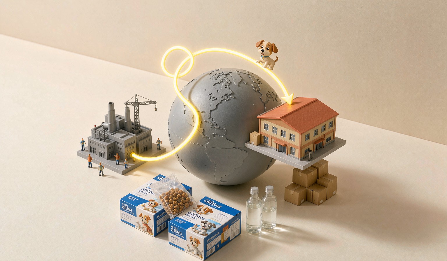 Globe with a glowing supply route arc connecting a factory in Asia to a western warehouse