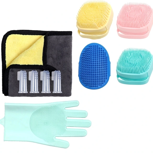 Studio packshot of a five piece dog grooming and bath kit - five piece dog grooming and bath kit with towel glove and brush pads - dog grooming kit wholesale supplier