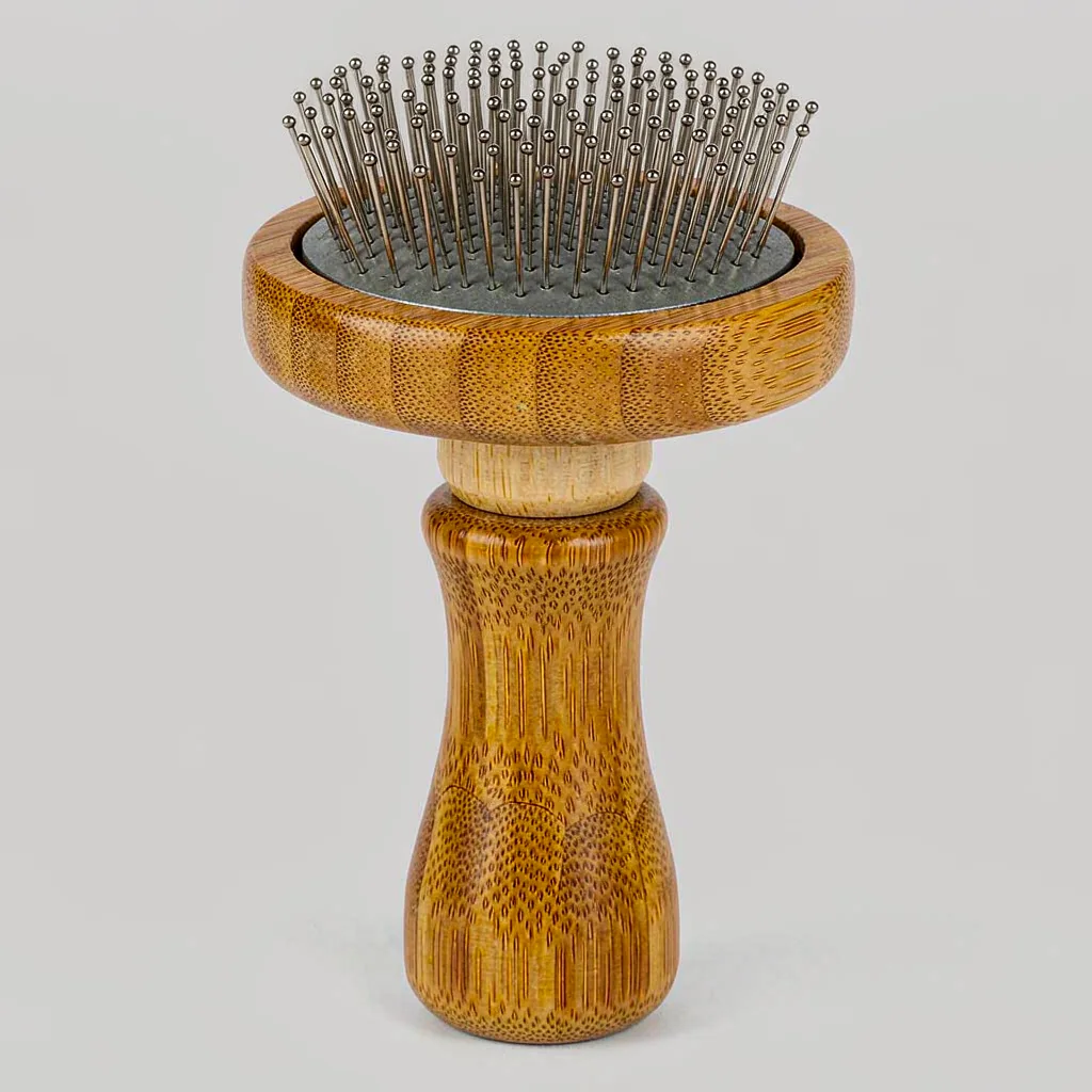 Dog grooming slicker brush with bamboo handle and stainless steel pins - wholesale