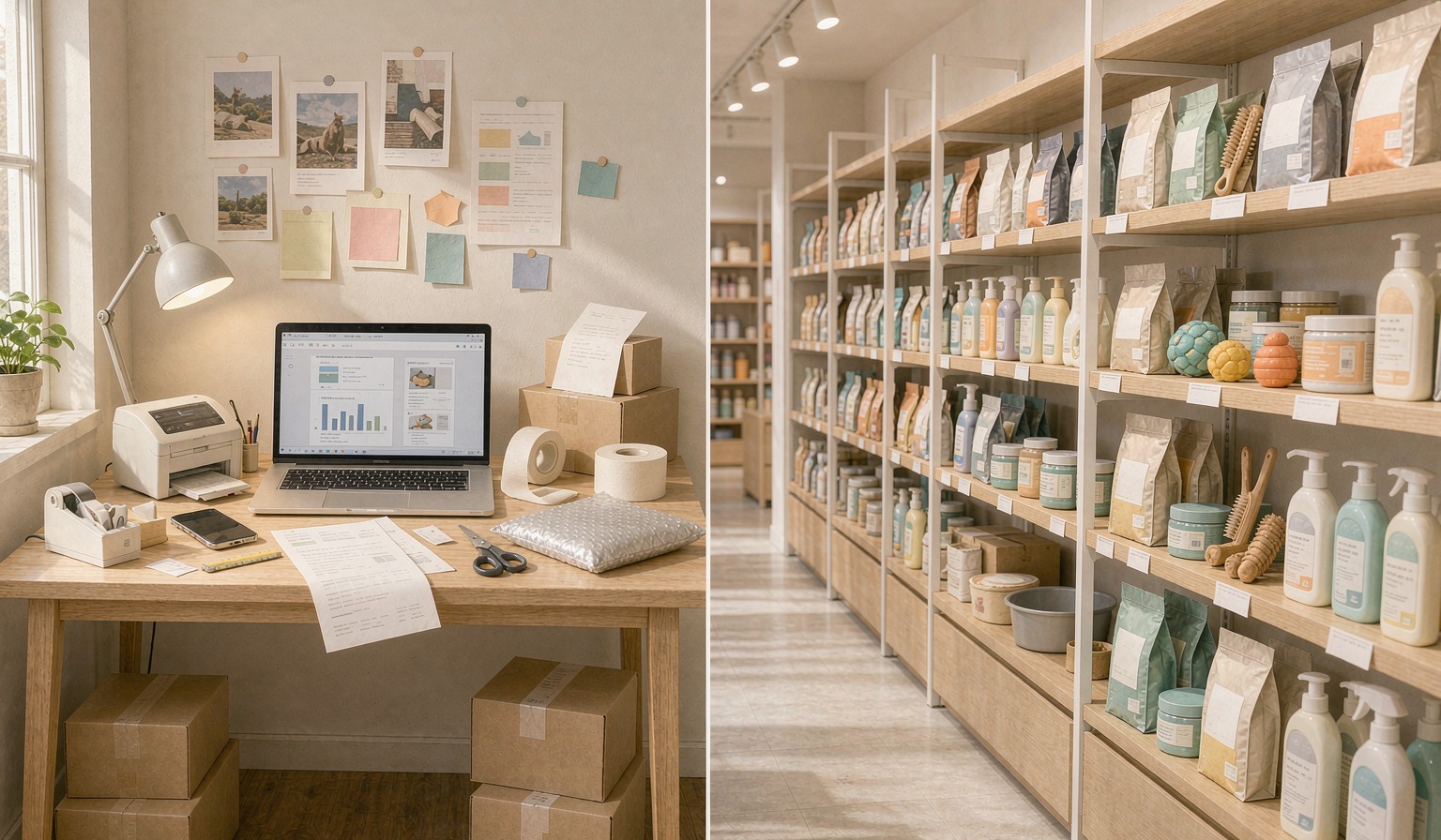 Split scene of a home online brand workspace and a modern retail shelf stocked with pet products