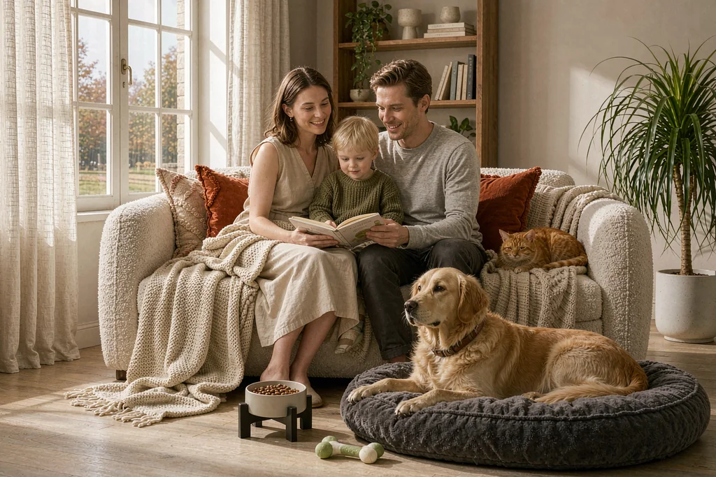 Family reading together on a sofa with a golden retriever and a tabby cat in a cozy sunlit living room