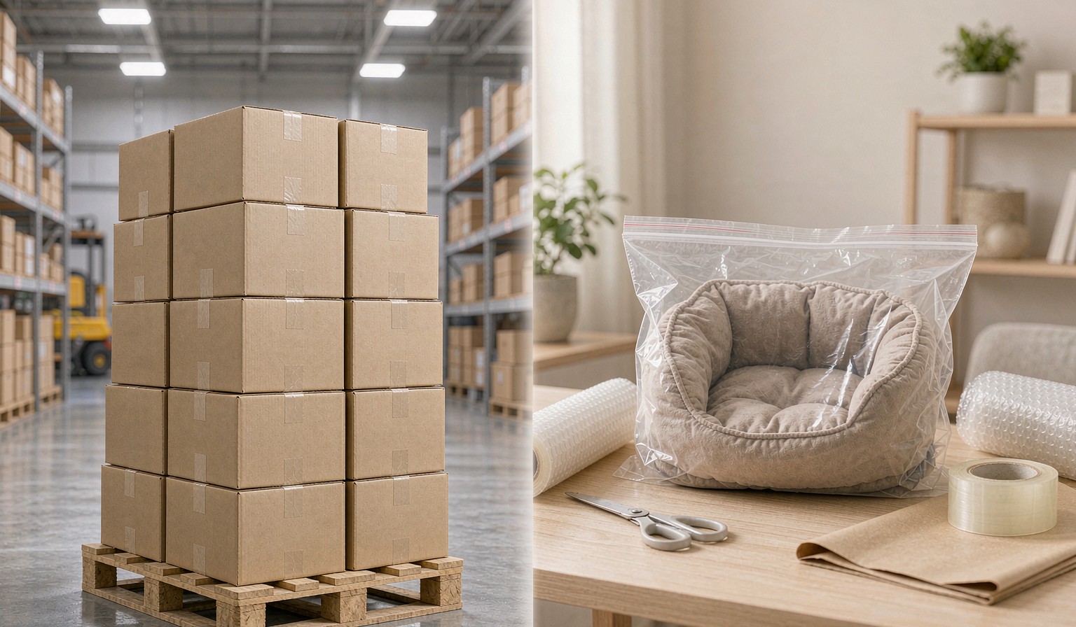 Warehouse pallet of shipping boxes beside a small home workspace packing a pet product
