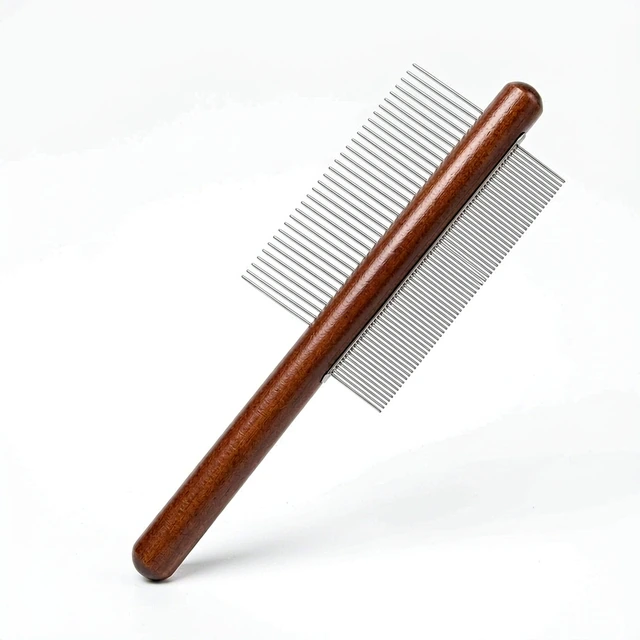 Studio packshot of a fine tooth stainless steel flea comb for cats - fine tooth stainless steel flea comb for cats with faux-wood handle - flea comb for cats wholesale supplier