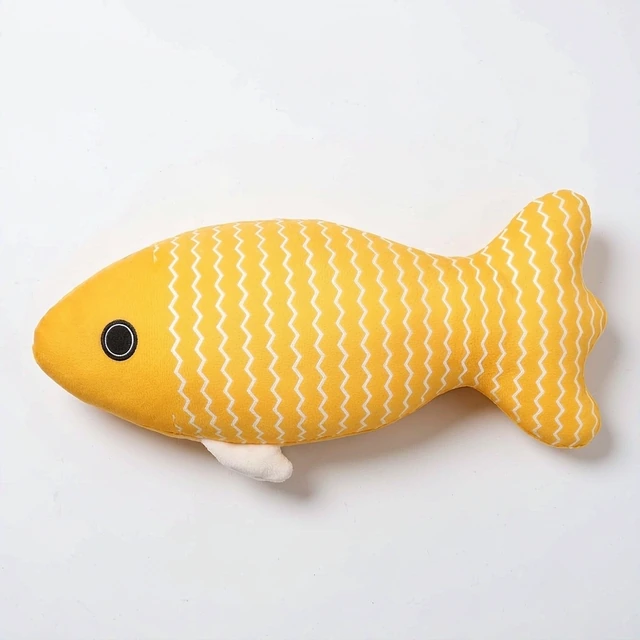 Studio packshot of a floppy fish cat toy - floppy fish cat toy in bright yellow plush with white wavy stripe stitching - floppy fish cat toy wholesale supplier