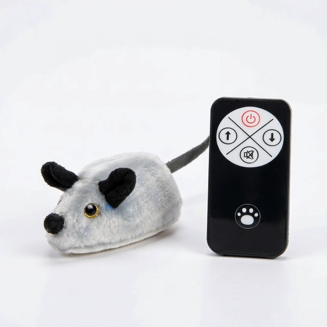 Studio packshot of an interactive remote control plush mouse cat toy - interactive cat toy remote control plush mouse with glowing LED body - interactive cat toys wholesale supplier