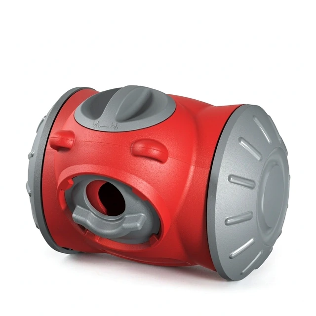 Studio packshot of a red and grey rolling treat dispenser dog puzzle feeder - rolling treat dispenser puzzle feeder for dogs - interactive dog toys wholesale supplier