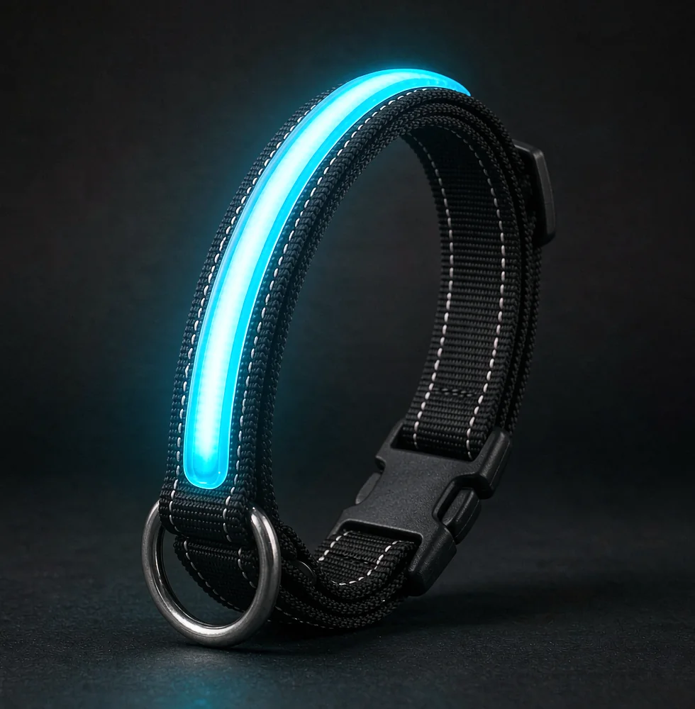 Rechargeable LED pet safety collar with a glowing light strip for night walks