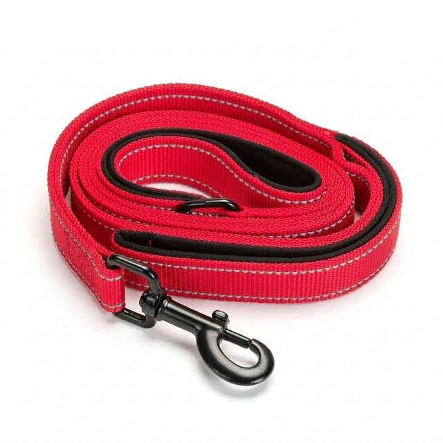 Studio packshot of a long reflective nylon dog training lead with padded handle - long reflective nylon training lead for dogs with padded handle - long dog leash wholesale supplier