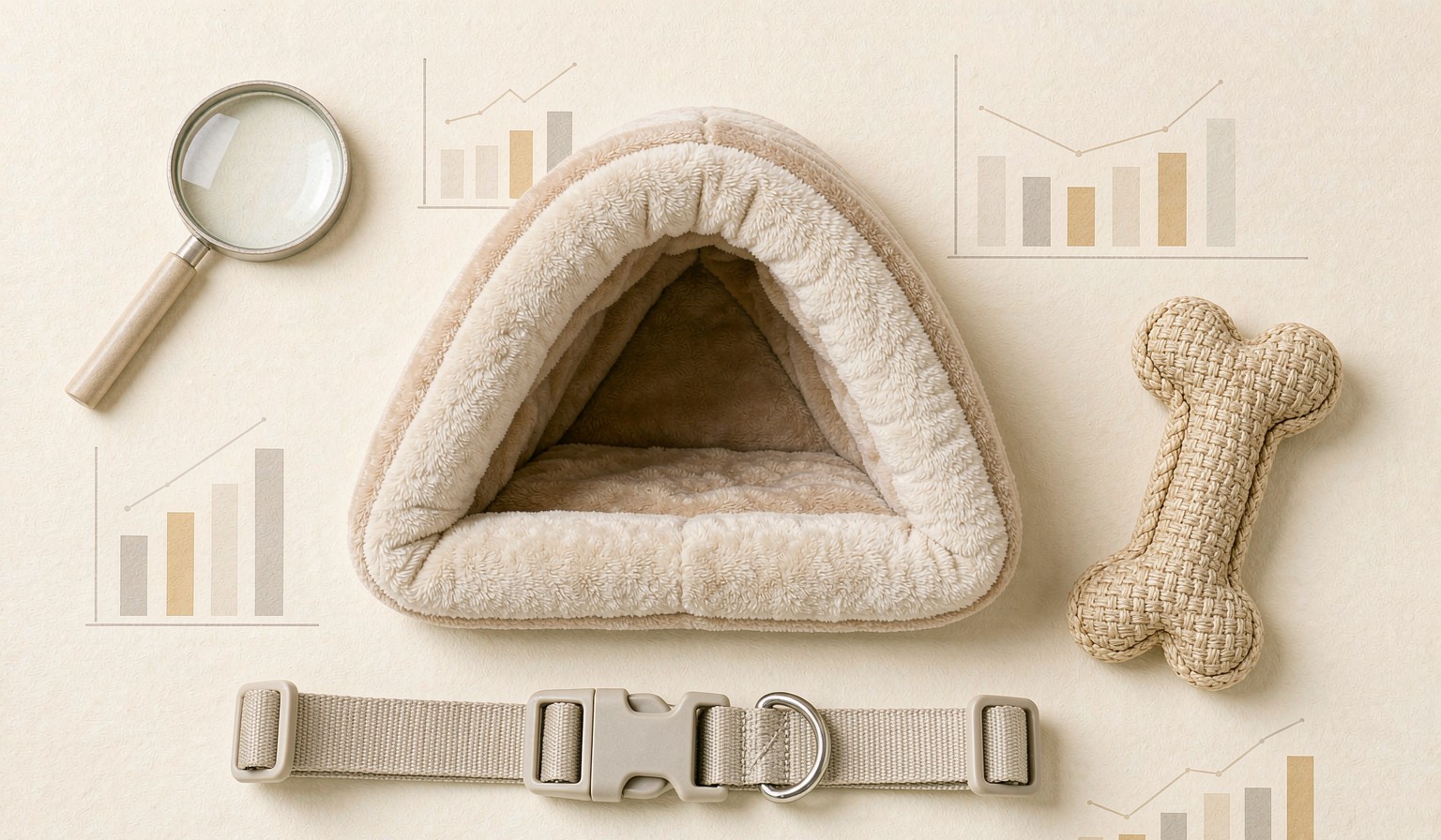 Flat lay of pet products with bar charts and a magnifying glass suggesting market demand analysis