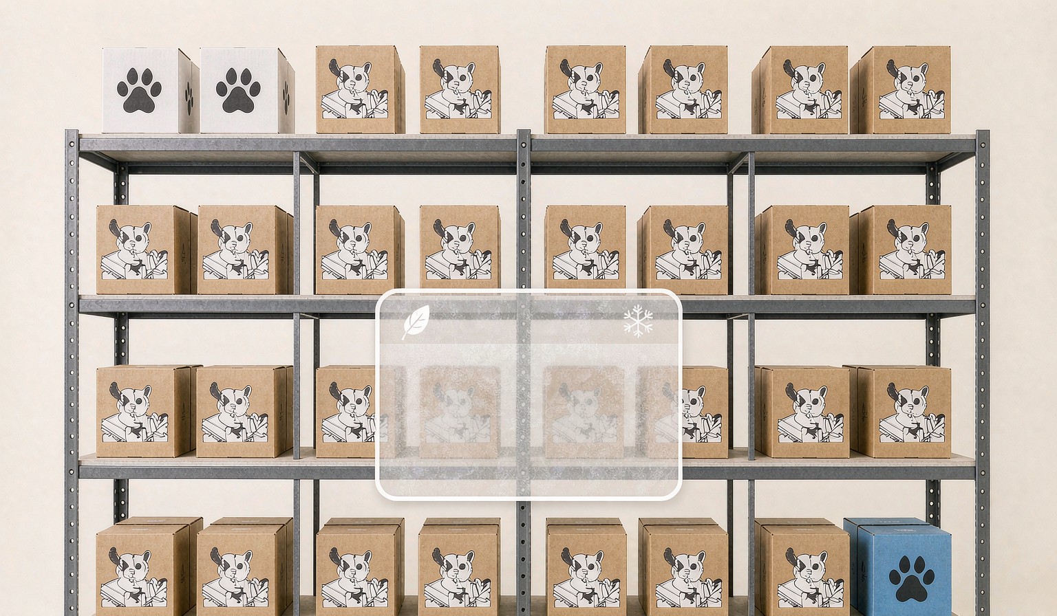 Warehouse shelves of pet product boxes with a seasonal calendar graphic of leaf and snowflake icons