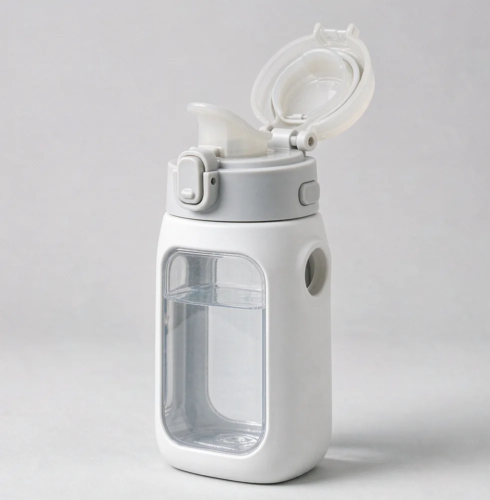 Portable pet travel water bottle with a silicone drinking trough and lock button
