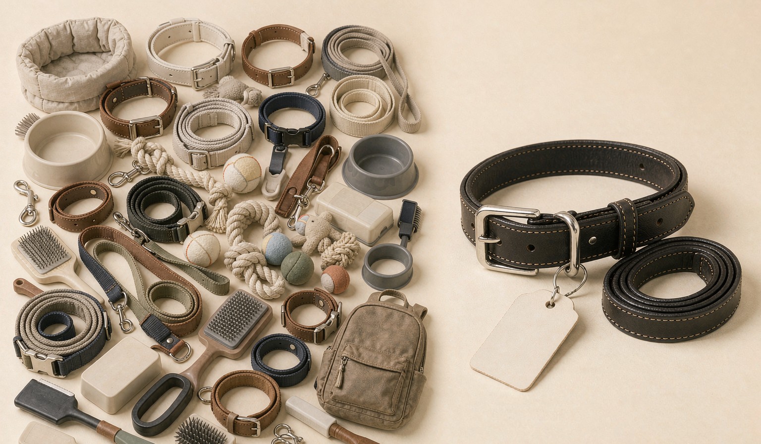 Plain unbranded bulk pet supplies beside a premium custom-branded dog collar with hang tag