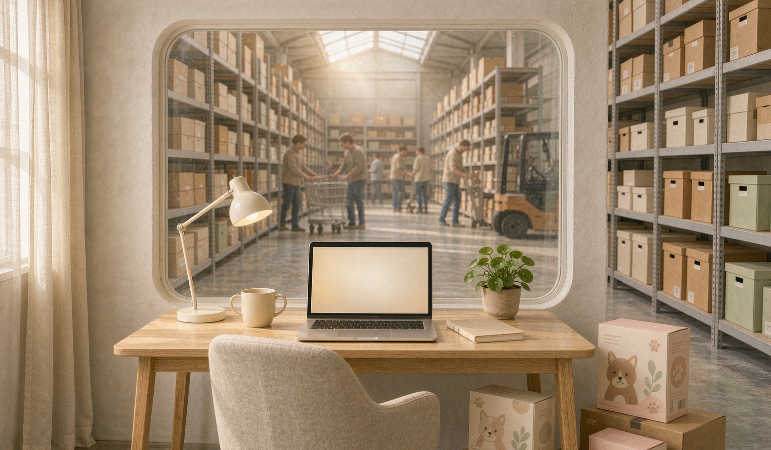 Cozy home office desk opening into a large bright warehouse with tall shelves