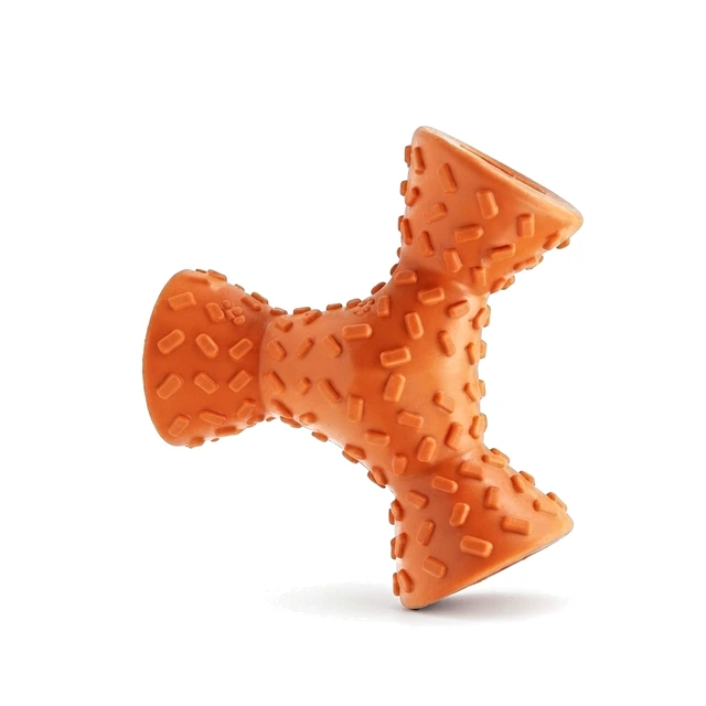 Studio packshot of an orange triangle natural rubber dog chew toy - orange triangle natural rubber dog chew toy with studded surface - dog puzzle toys wholesale supplier