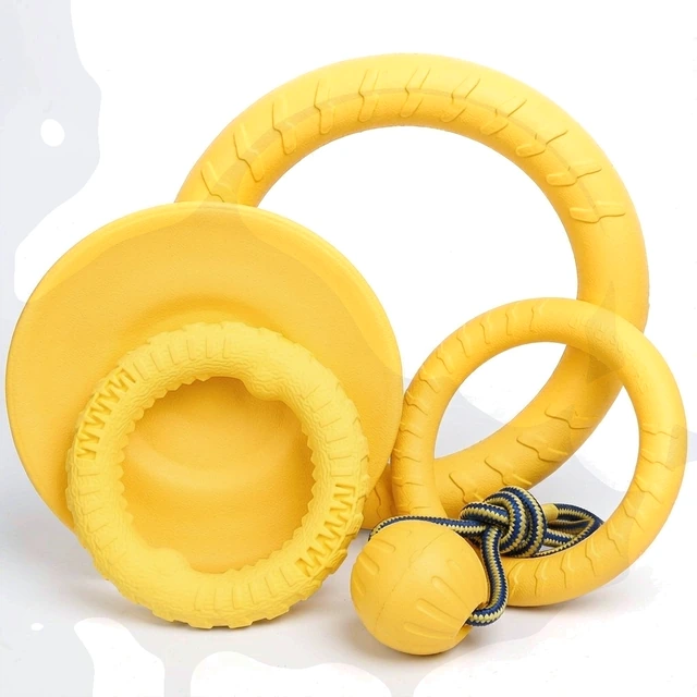 Studio packshot of a yellow EVA foam floating dog toy set - yellow EVA foam floating dog toy set with ring disc and rope ball - tough dog toys wholesale supplier