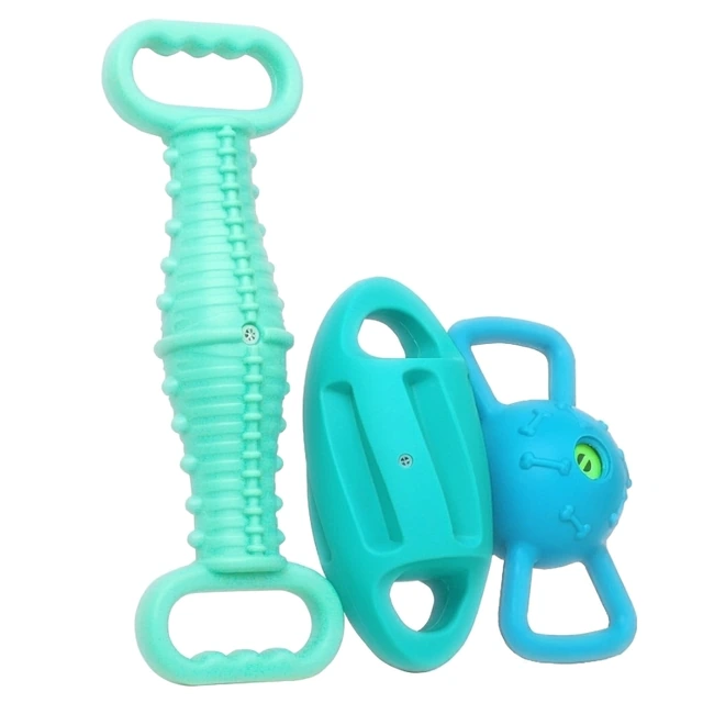 Studio packshot of a double handle TPR dog tug and chew toy set - double handle TPR dog tug and chew toy set with squeaky ball - dog rope toy wholesale supplier