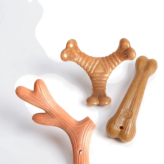 Studio packshot of a wood composite long lasting dog chew bone - wood composite long lasting dog chew bone with grain texture - long lasting dog chews wholesale supplier
