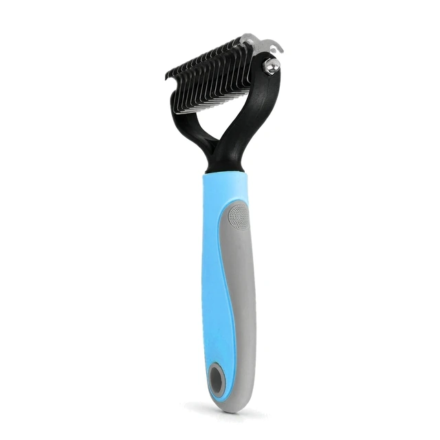 Studio packshot of a double sided cat deshedding and dematting comb - double sided cat deshedding and dematting comb with rubber grip - cat comb wholesale supplier