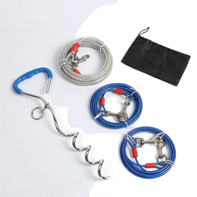 Studio packshot of a dog tie out stake kit with spiral anchor and cable - spiral ground anchor dog tie out stake kit with PVC coated cable - dog tie out stake wholesale supplier