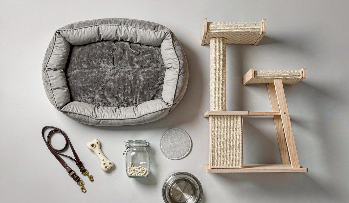 Flat lay of premium pet products: orthopedic dog bed, modern cat tree, leather leash, chew toy, supplements and water bowl